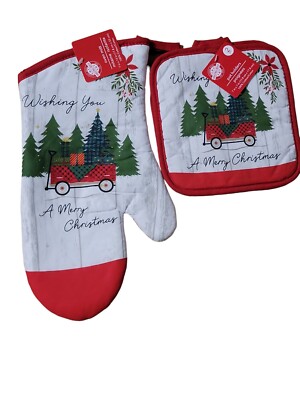 Christmas Kitchen Linens ''WISHING YOU... '' Oven Mitt & 2 Pot Holders (3 Pc )