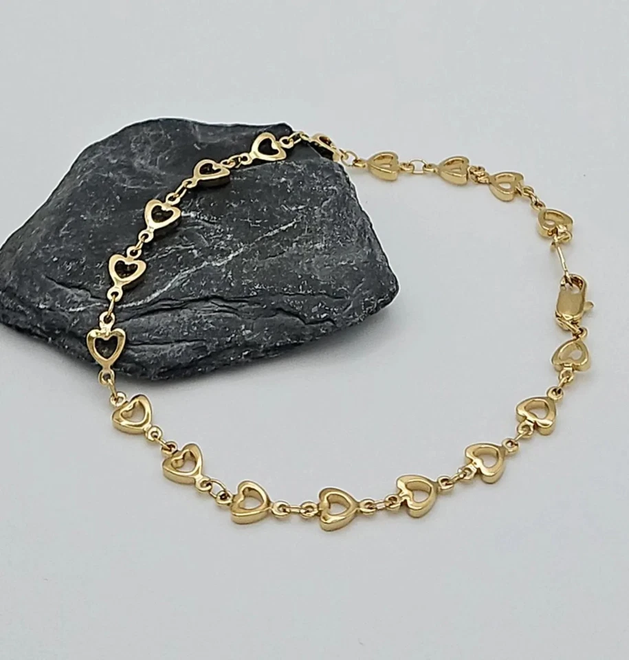 Tobillera o brazalete de corazón abierto de oro, brazalete de corazón de oro, enchapado en oro pesado de 14 k Foto 2 de 4