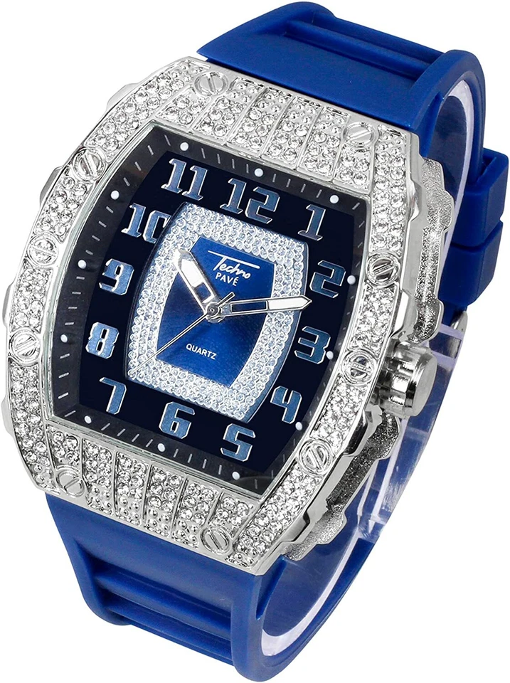 Reloj Hombre Helado Bling Rapero Simular Laboratorio Diamante Goma Lujo Rectángulo Plateado Foto 3 de 4