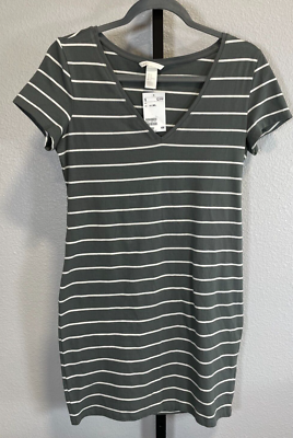 NWT H&M Womens Basic V-Neck T-Shirt Dress Stripe Gray White Size M | eBay