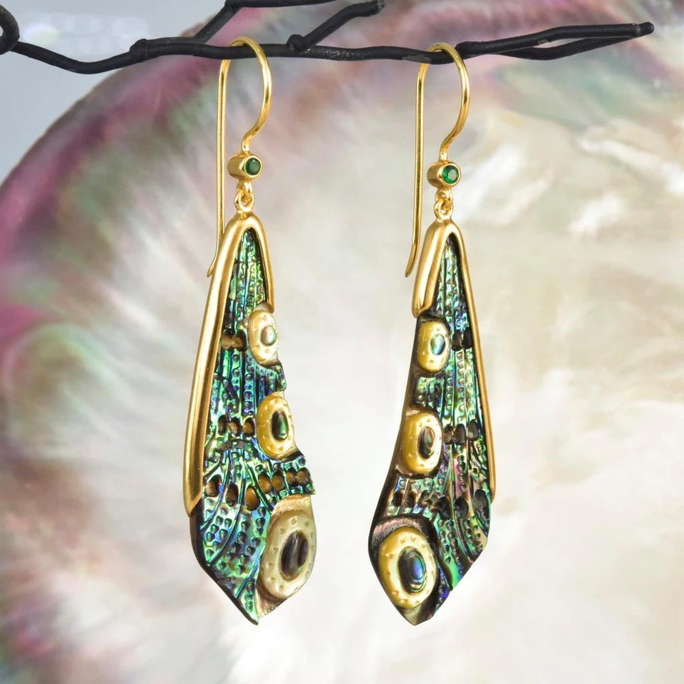 Dragonfly Wing Earrings Abalone Carving Gold Vermeil Sterling & Emerald 6.01 g - Image 2 of 4