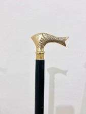 Solid Brass Fish Handle Black Wooden Walking Stick Cane Vintage Style Men