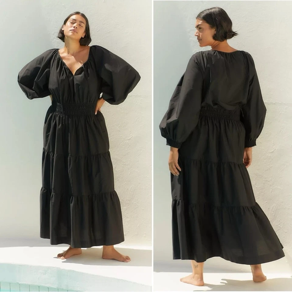 Платье макси Anthropologie The Somerset: издание с длинным рукавом-затяжкой черное большое - Изображение 4 из 4