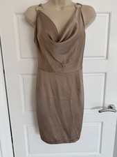 PrettyLittleThing Champagne Satin Cowl Neck Ring Detail Bodycon Dress – Size 10