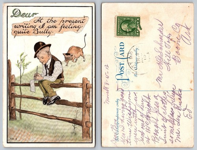 #ad Vintage Comic Postcard 1913 Monett MO Postmark Feeling Bully Boy on Fence Bull $3.99