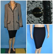 ST. JOHN Couture Black Cream Jacket Skirt L 12 10 2pc Suit Leather Trims Buttons