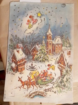 Alter Adventskalender Glitter 1950er-Jahre Weihnachtsmann Engel Western Germany
