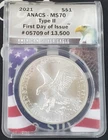 2021 US Uncirculated Silver Eagle "T-2"-1 oz .999 Fine Silver-ANACS MS70 #05709