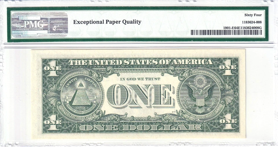 1963-A $1 FRN PMG Choice Unc 64EPQ Fancy TRUE 0/1 BINARY Serial #E00001110F - Image 2 of 2