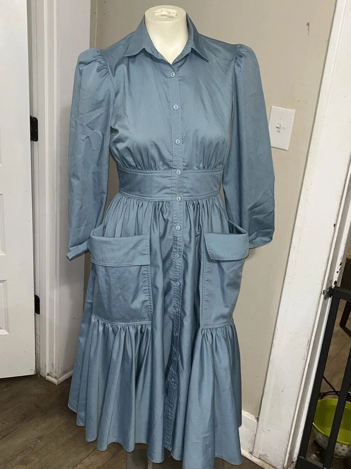 VINTAGE 1970's N.R.1 NED GOULD BLUE COTTON SHIRT DRESS WITH LARGE POCKETS SMALL - Image 3 of 4