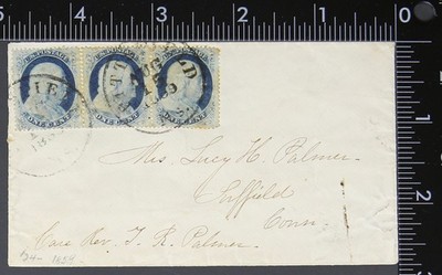 US Postal History - Strip of 3 #24 1859 CDS to Conn - Ladies Cover  M694