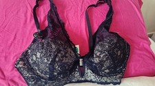 Black Lace Plunge Bra 36C Longline Padded Lace Lingerie OEKO-TEX