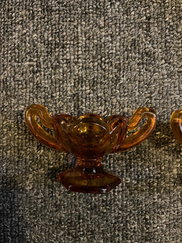 2 Dark Amber Glass Chippendale Open Salt Dip, Cellar, Dish!