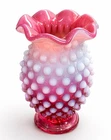 Vintage Fenton 4” Hobnail Pink Cranberry Opalescent Vase With Ruffled Rim