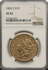 1860-S $20 GOLD LIBERTY DOUBLE EAGLE NGC XF45