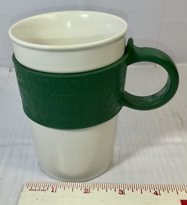 2008 Starbucks Coffee Mug White Ceramic Cup Green Silicone Rubber Handle 12  oz | eBay