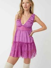 Free People Spring Fling Romper XS Purple Floral Lace Mini Tiered Open Back Boho