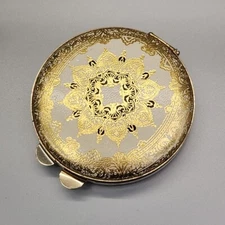 Powder Compact Mirror Moroccan Puffy Gold Tone 3"