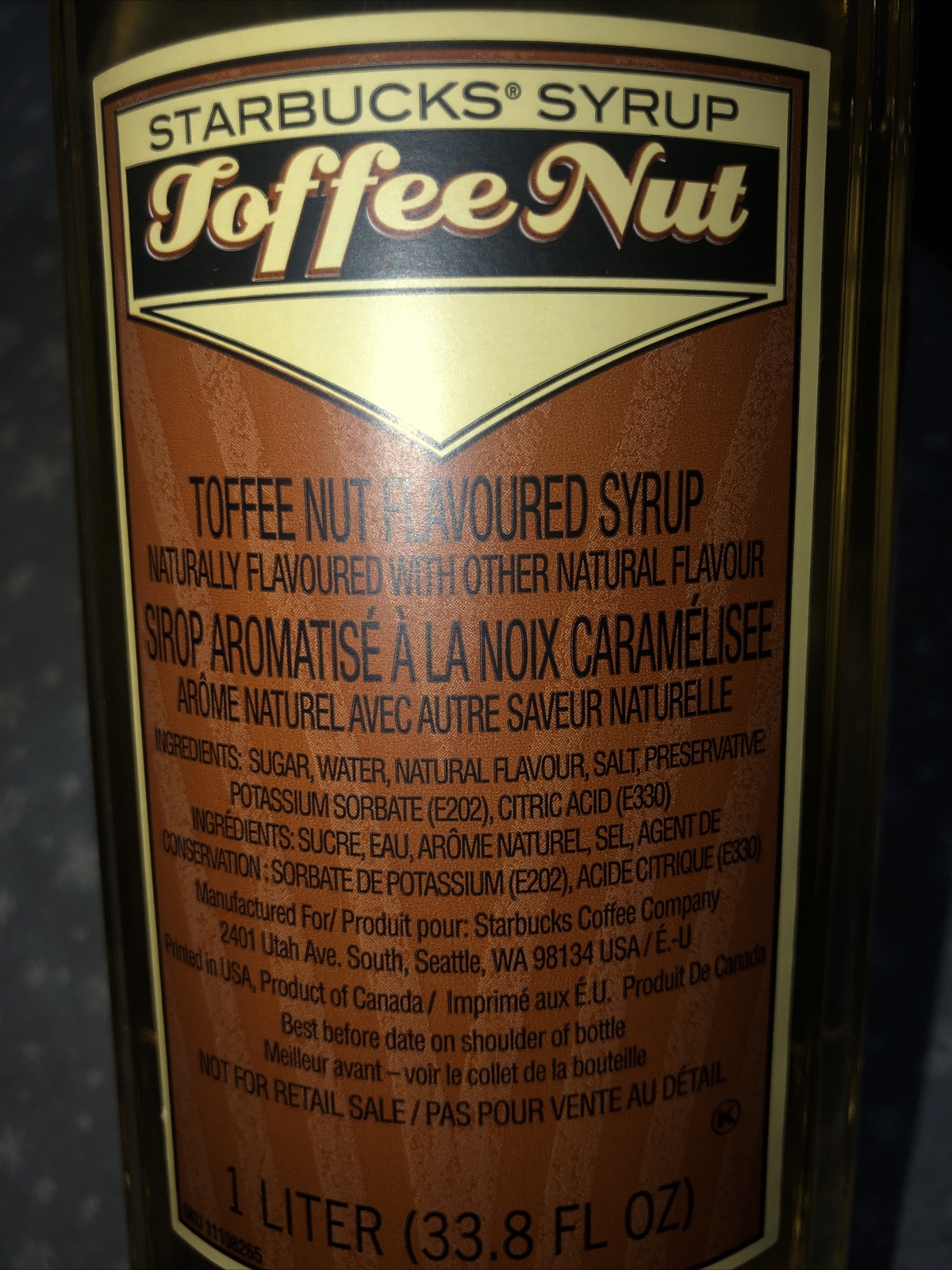 Starbucks Toffee Nut Flavored Syrup 1 Liter 33.8 Oz Bottle Exp Sep 15