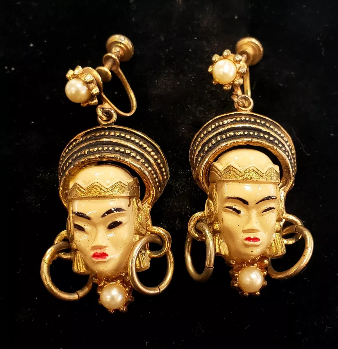 Vintage Mid Century Selro Selini Asian Princess Face Lucite Earrings