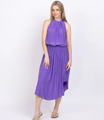 Ramy Brook Audrey S-M Sleeveless Midi Passion PurpleDress Smocked Cinche Waist 