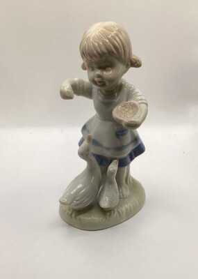 Little Girl Feeding Geese Ducks Porcelain Figurine Pastels