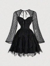SHEIN MOD Black Lace Patchwork Bell Sleeve Dress 308