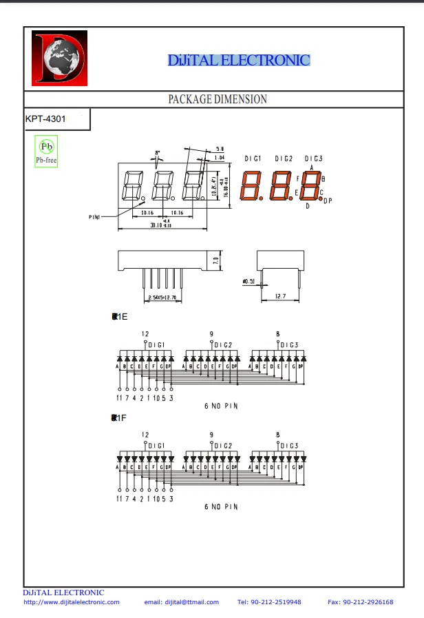 3 DIGIT LED DISPLAY 7 SEGMENTI ROSSO MOD. KPT-4301 16x30mm 6+6PIN ( = 8 PEZZI) - Immagine 3 di 4