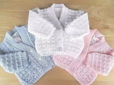 Baby Cardigan Boy Girl White Blue Pink Knitted V Neck Fancy Pattern 0 3m
