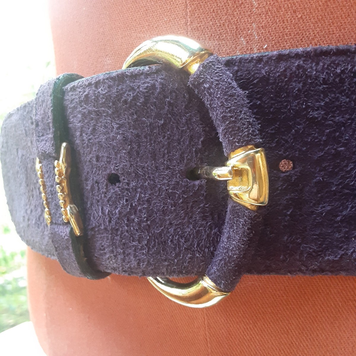 Vintage 80s EXPRESS Purple Suede Leather Belt Gold Embroidered Buckle Size L Suede Women main image 2