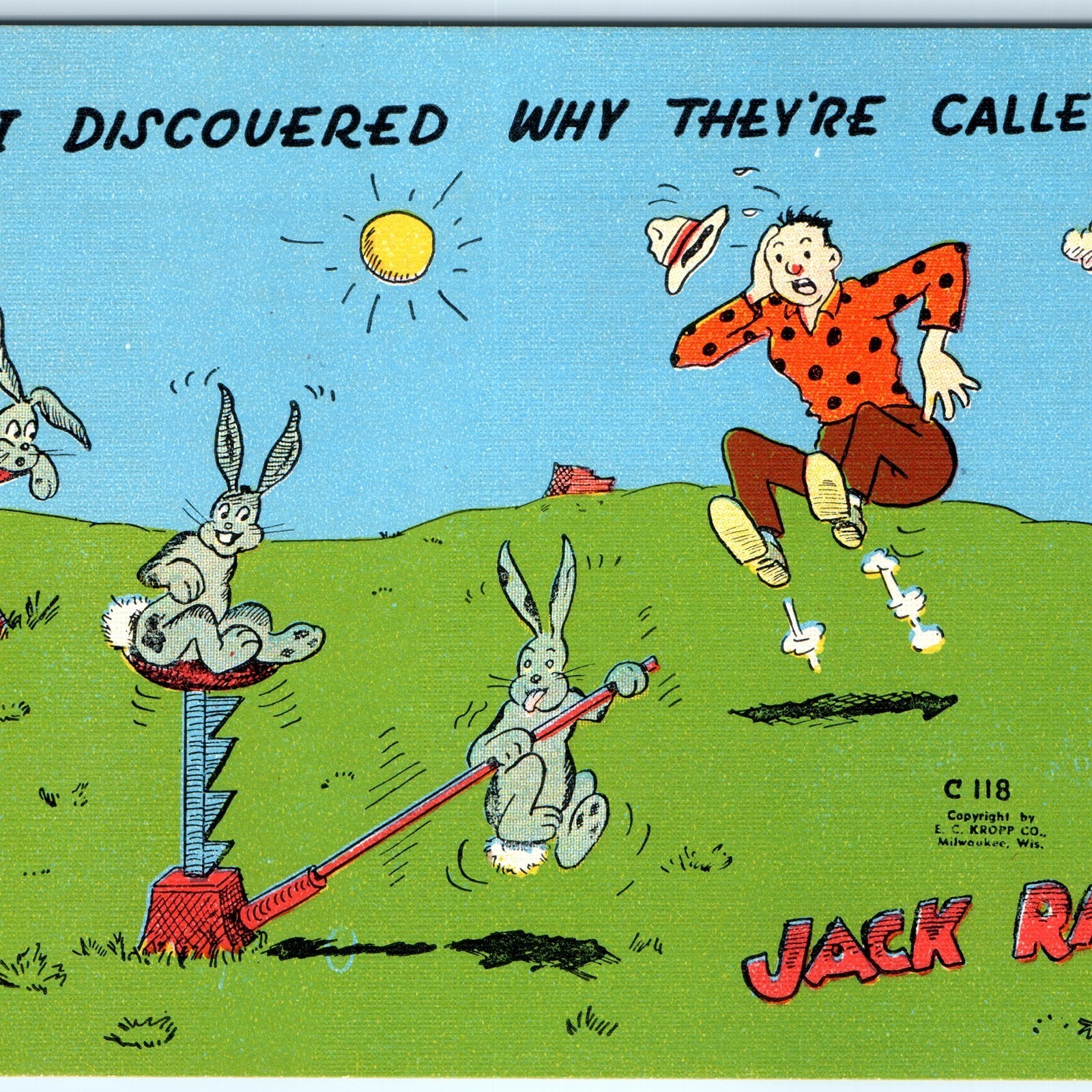 Rabbit Chasing Other Rabbit c1940s Jack Rabbits Comic Linen Postcard Kropp Anthropomorphic Humor ...