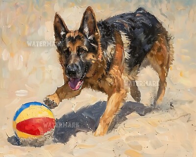 8x10 Matte Print German Shepherd Playing with Beach Ball on Sand