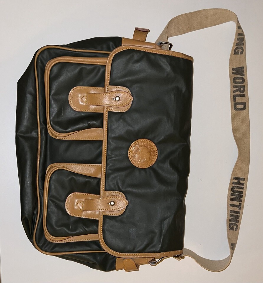 Rare Hunting World Shoulder Bag Dark Green Light Brown Batue Cloth 