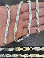 Men's FigaRope Chain Real Solid 925 Sterling Silver Necklace Bracelet 6mm Milano