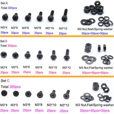 300pcs M3(3mm) Black Alloy Steel High Tensile Allen Bolts With Hex Nuts Washers