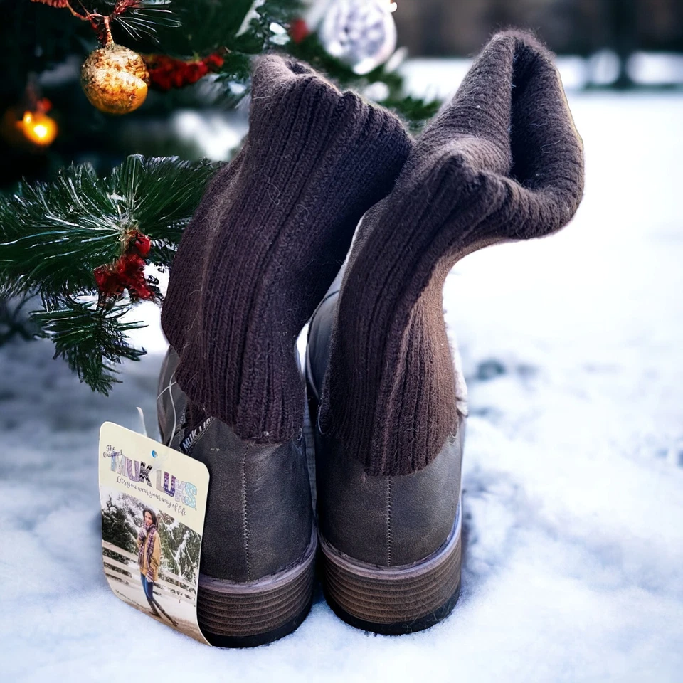 NEW Muk Luks Ankle Boots Sz 10 Brown Ribbed Knitted Wool Womens Water Resistant - Image 2 of 4