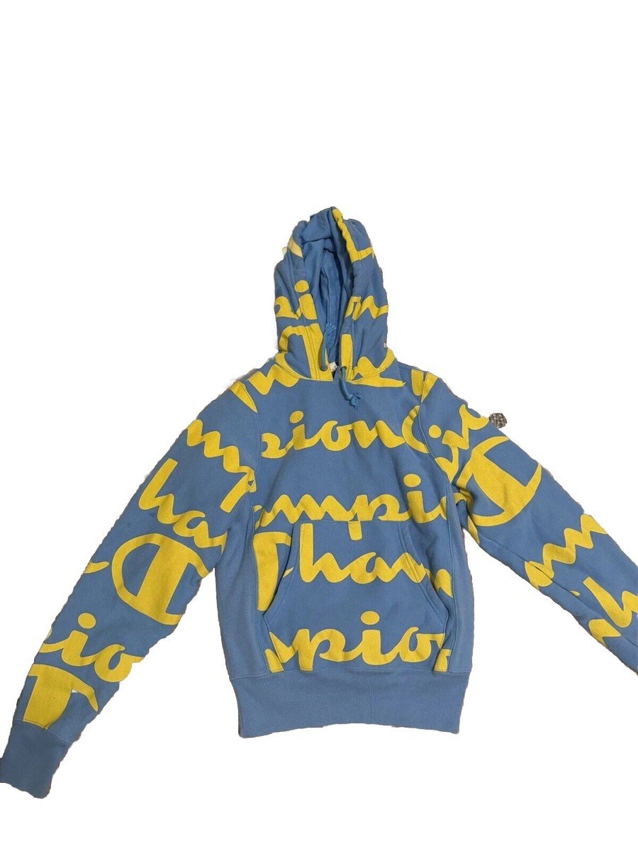 Champion Men's Reverse Weave AOP Pullover Hoodie Blue Color XS Blue Yellow