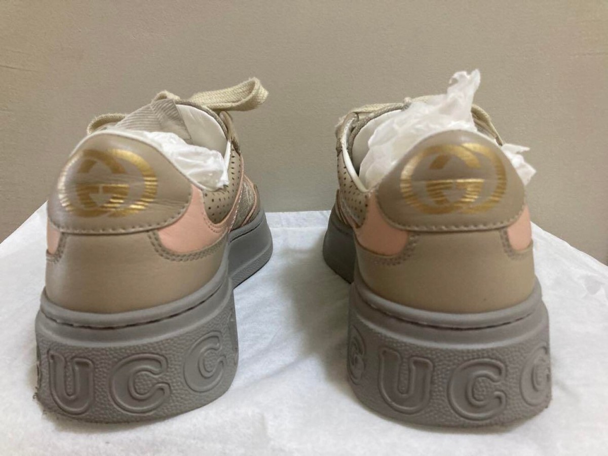 Gucci Chunky Laced-Up Sneakers Pink x Grey Monogram Size 35