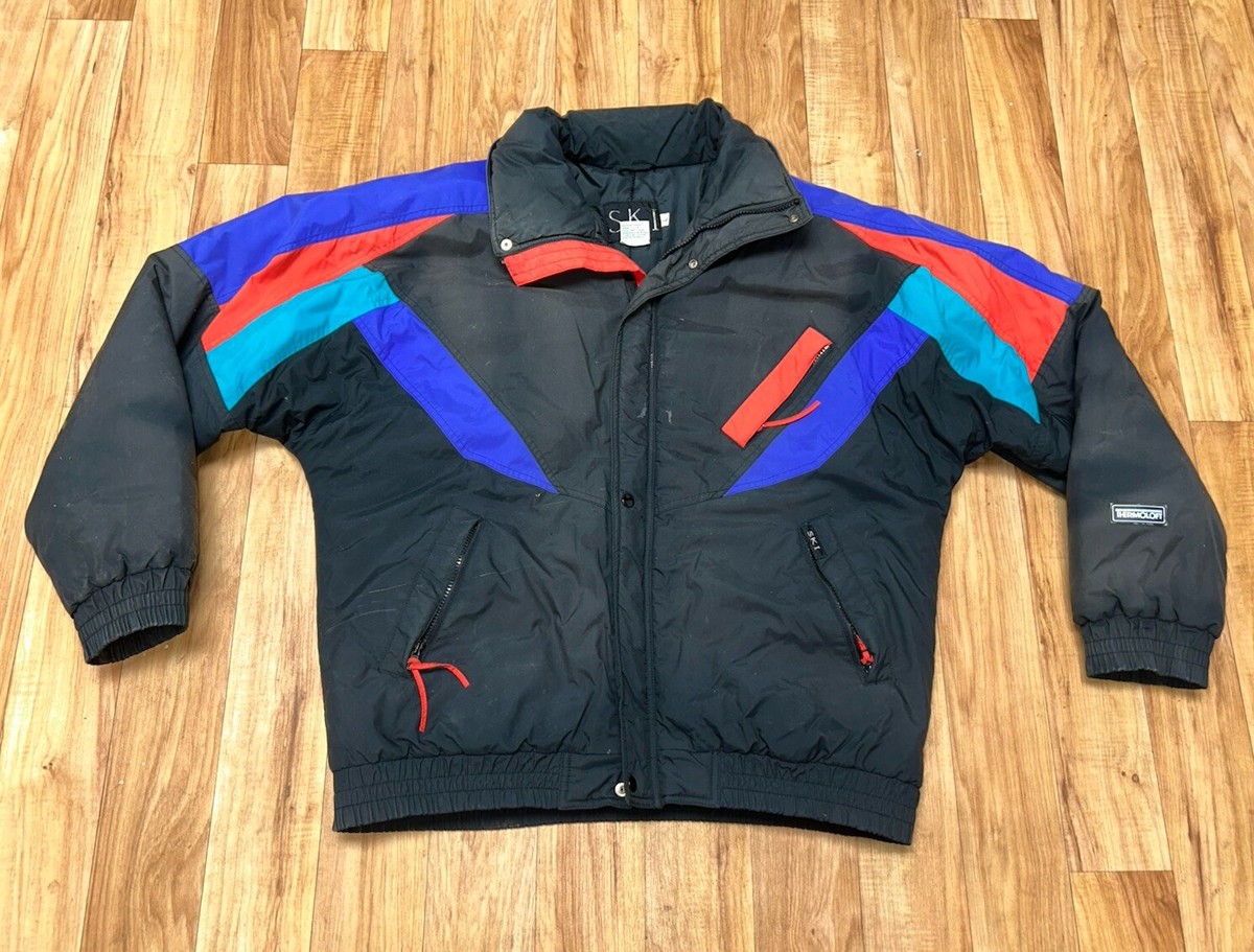 Ski Thermoloft Vintage Full Zip Button Puffer Jacket Black Blue