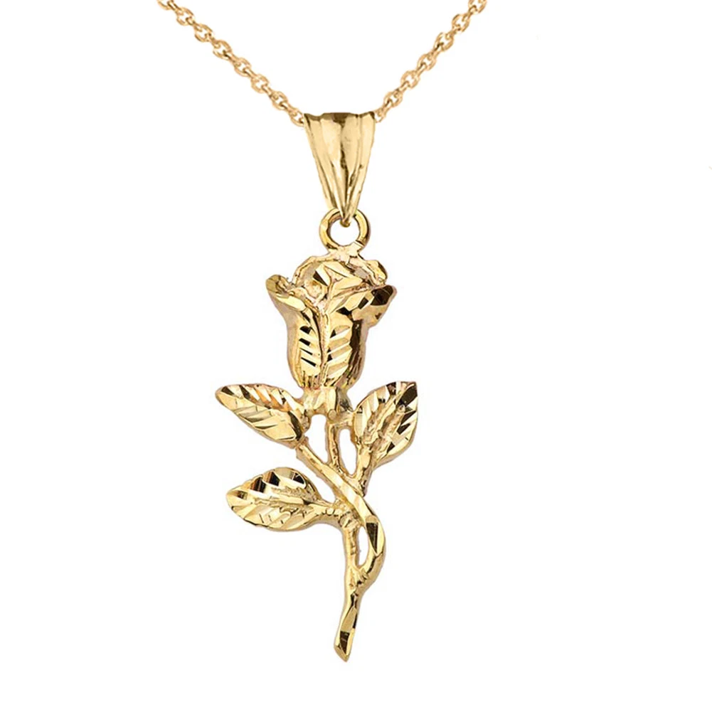 Solid 14k Yellow Gold Sparkle Cut Rose Pendant Necklace