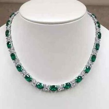 14K White Gold Plated 28 Ct Lab-Created Oval Cut Emerald Diamond Tennis Necklace