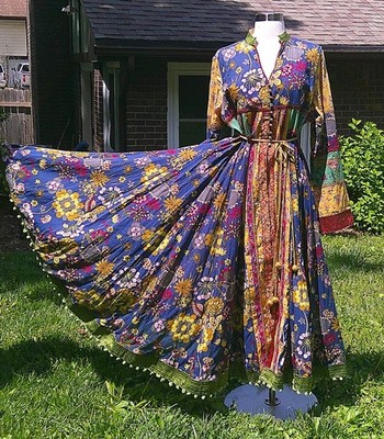 J Peterman Patchwork Embroidered Boho Long Flowy Cotton Dress 16 Runs Small EUC