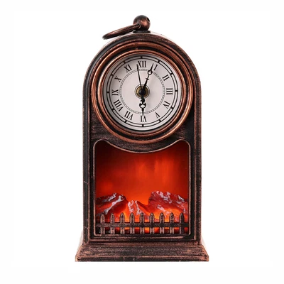 MEDIAWAVE STORE Reloj Decorativo de Mesa Vintage con Chimenea a Pilas y Efecto Llama