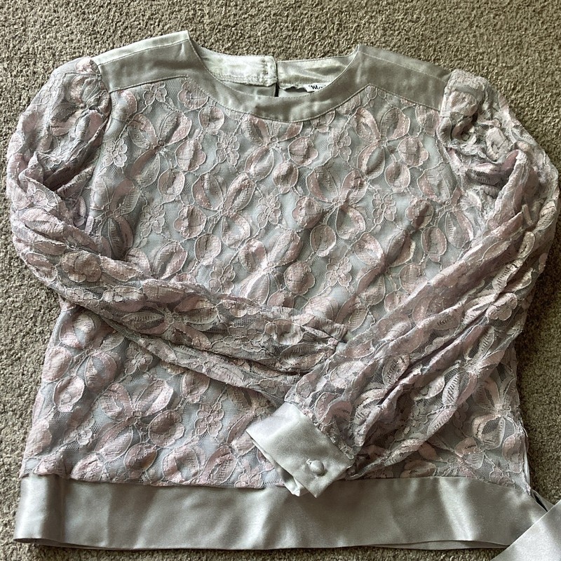 Marinette Women's 6 Pink Floral Lace Long Sleeve Round Neck Zip Blouse