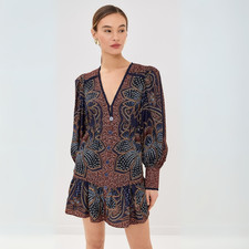 FARM RIO Floral Paisley Mini Dress size Small NWT Glam Boho Long Sleeve Deep V