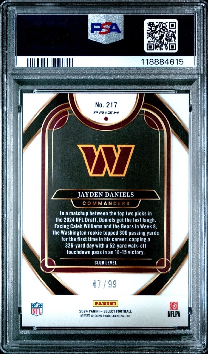 Panini 2024 Select Jayden Daniels Club Level RC Blue Prizm #217 47/99 PSA 9 view 2