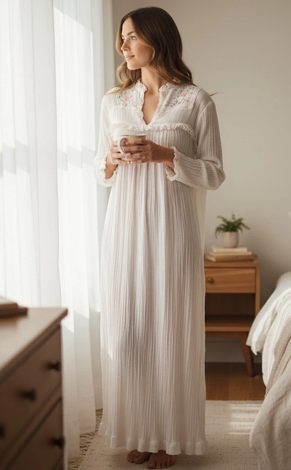 VTG Christian Dior Lingerie Gauze Cotton Nightgown White Embroidered Lace 70s - Image 2 of 4