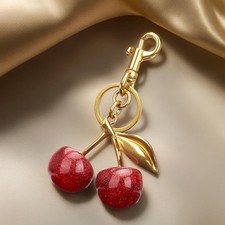 Women's Cute Cherry Bag Charm Keychain - Red Glitter Purse Key Chain
