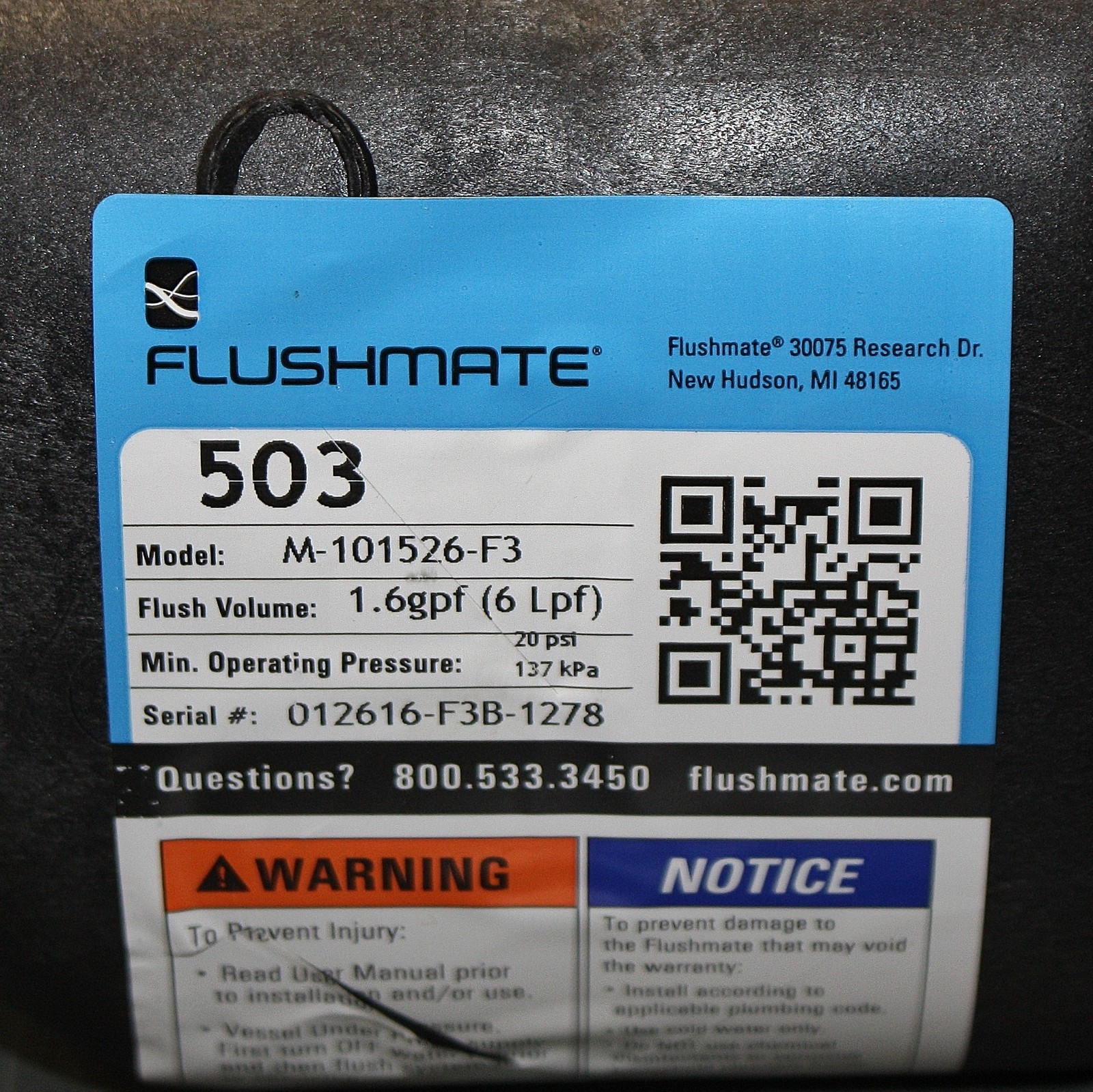 Flushmate Pressure Assist Flushing System M-101526-F3B, for Toilet w/ Pushbutton