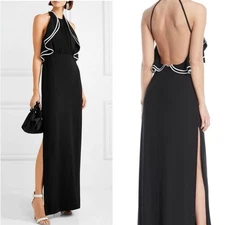 Halston Heritage Open Back Black Ruffle Sleeveless Maxi Dress S